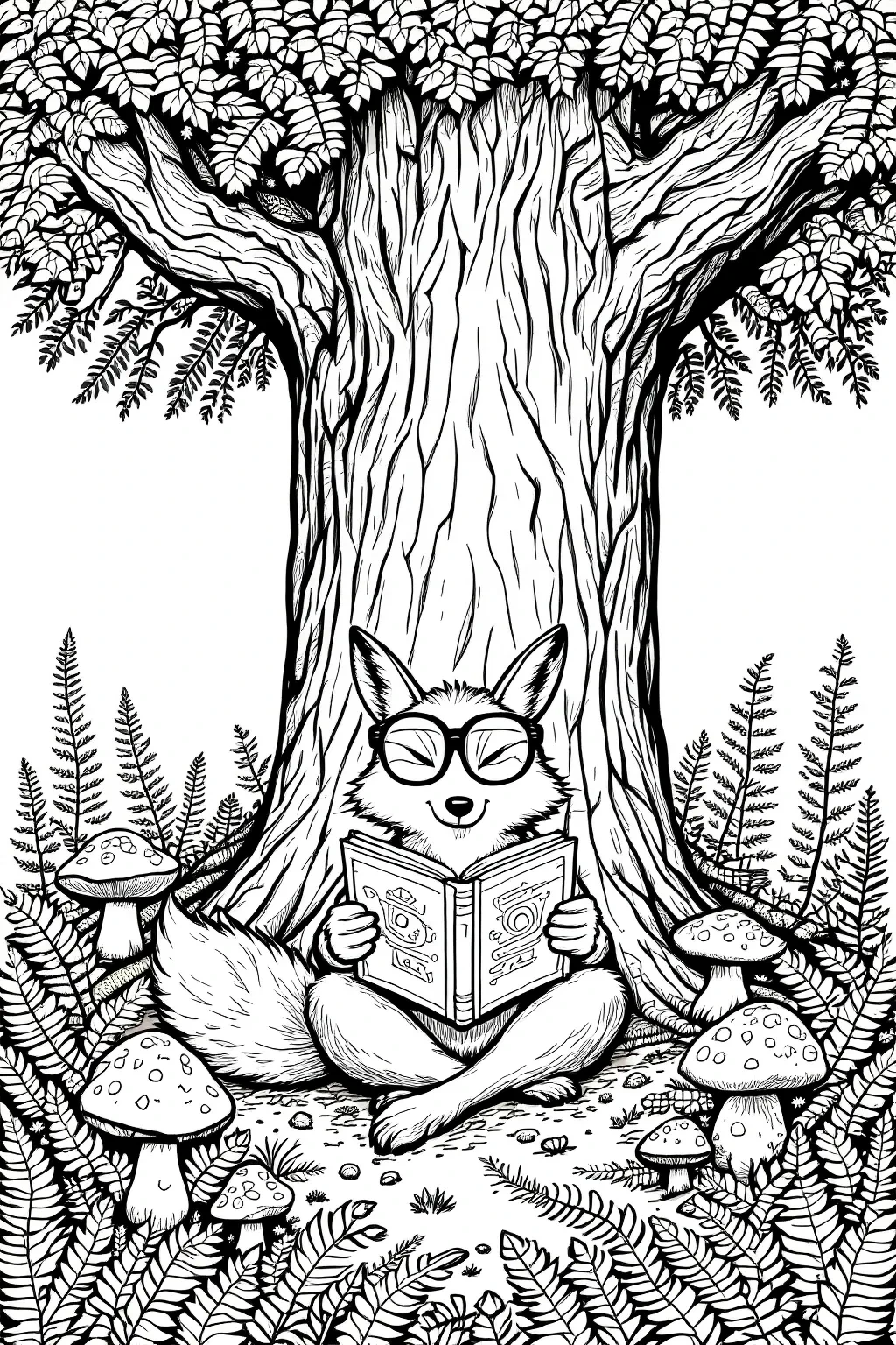 Black and white coloring page of fox wearing glasses sits under a large tree and reads a book, surrounded by mushrooms and forest plants