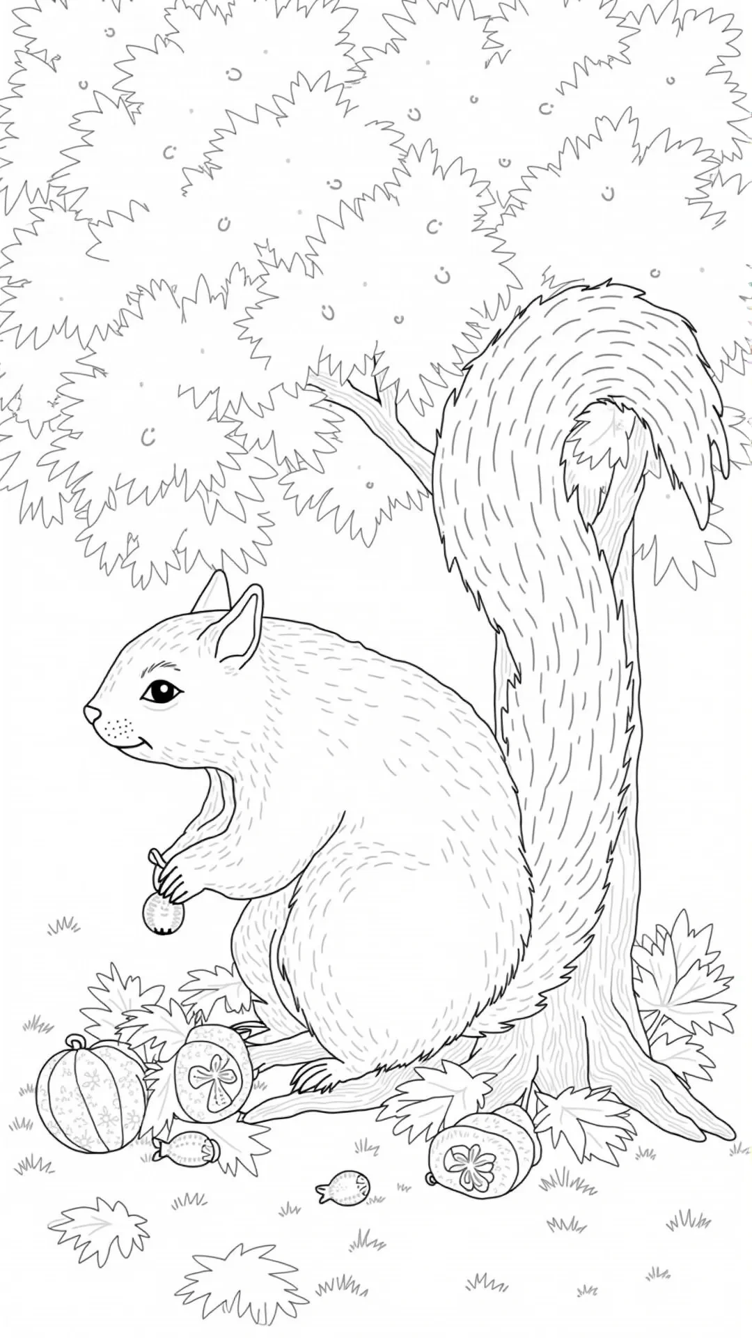 A squirrel sitting by a tree with leaves and nuts on the ground in an autumn scene coloring page.