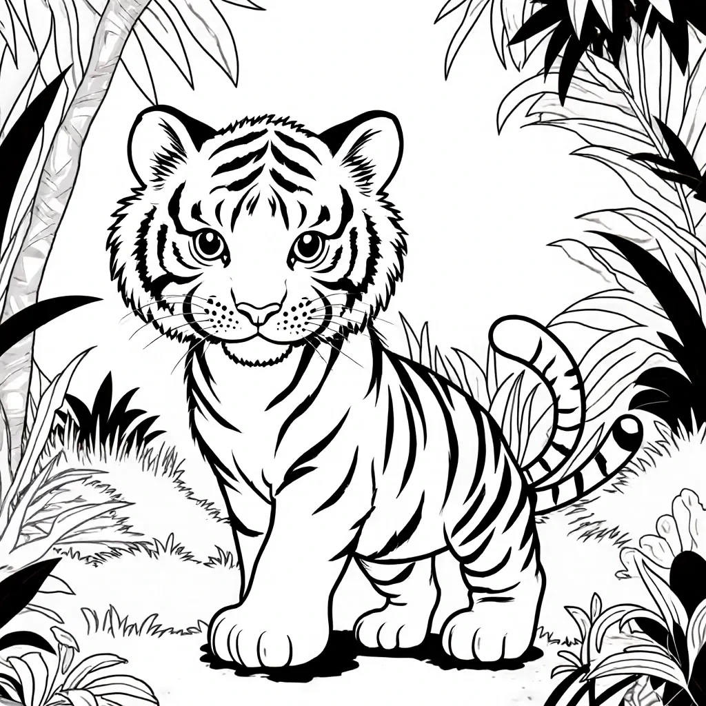 Black and white coloring page of cute tiger cub standing in a jungle scene with plants and leaves around it