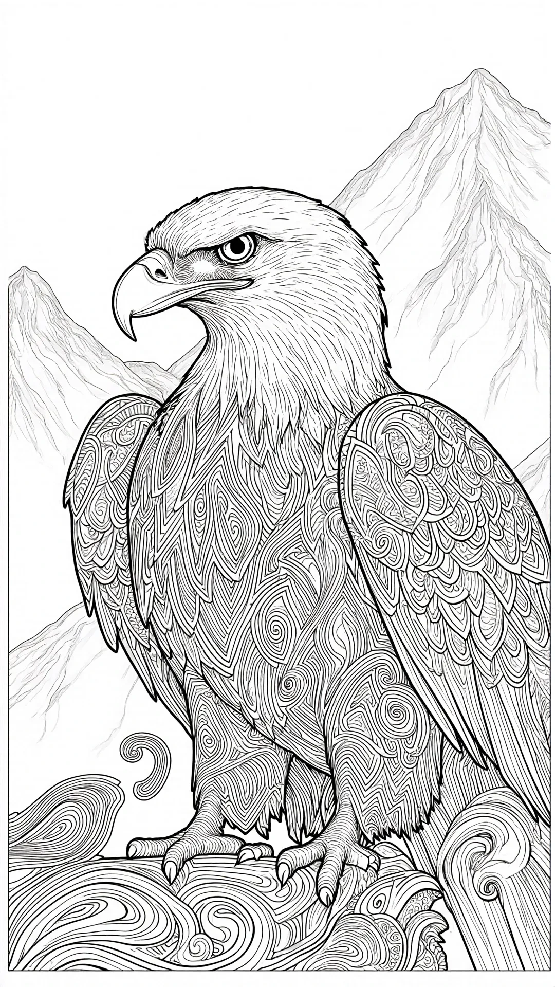 Intricate coloring page of an eagle perched on a branch with mountains in the background.
