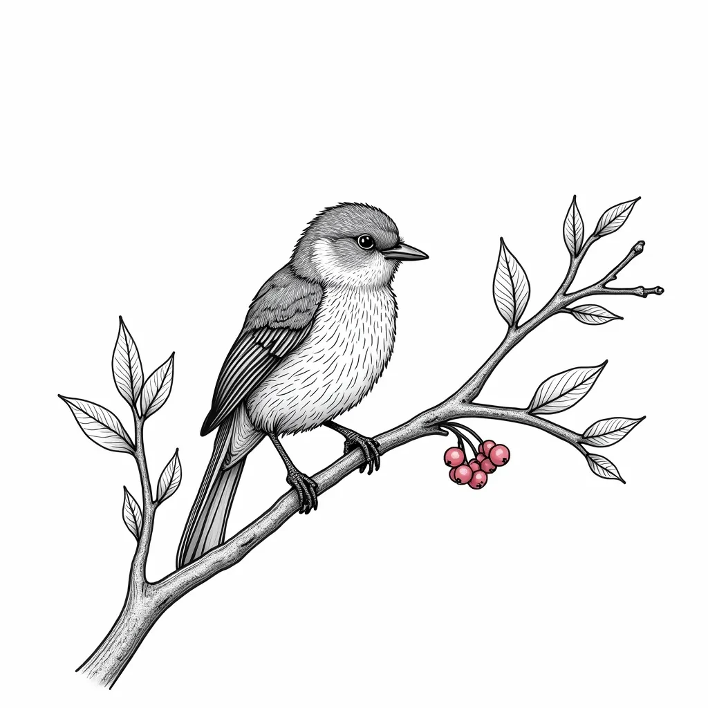 Black and white coloring page of detailed songbird perched on a leafy branch with a small cluster of berries