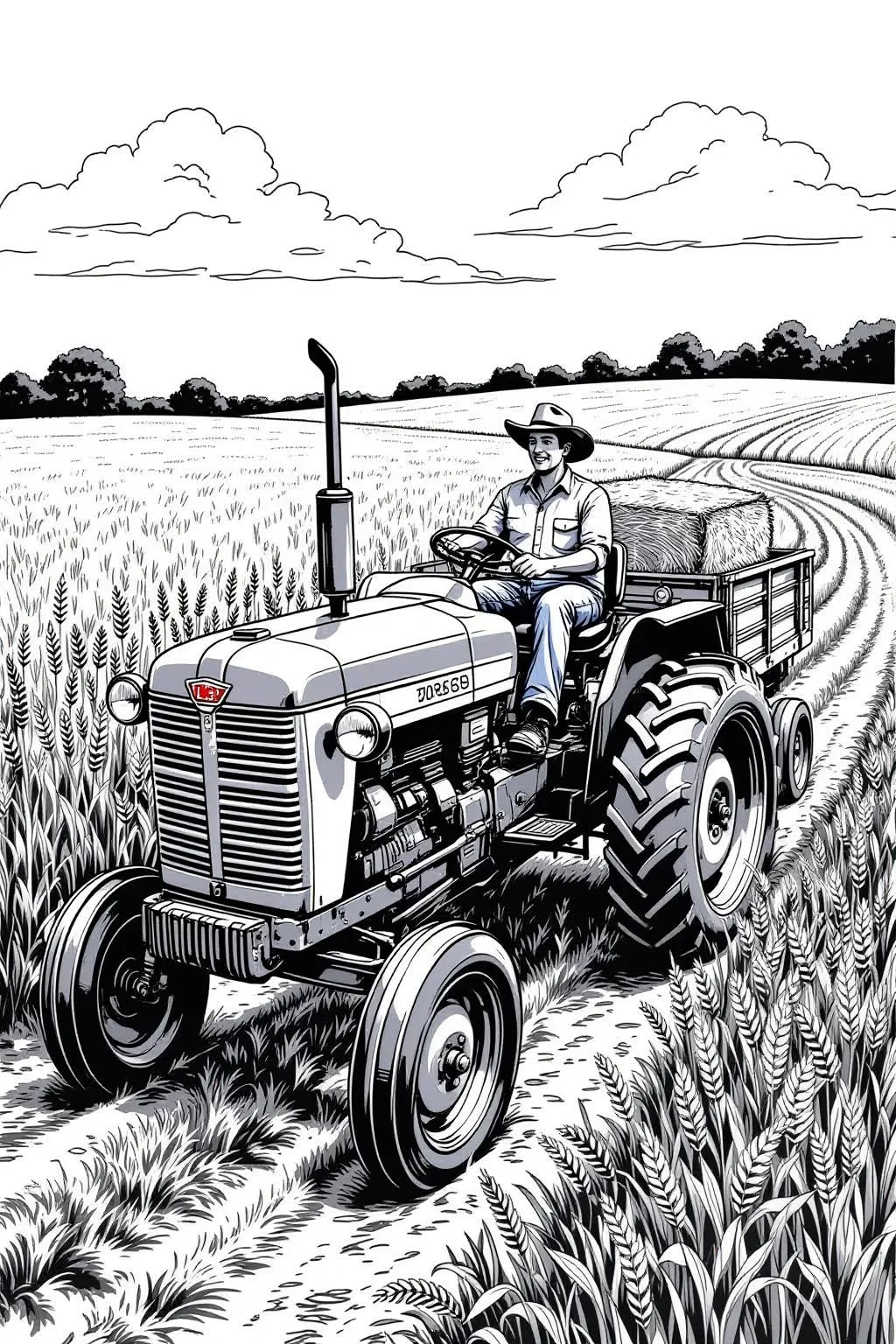 A detailed black and white coloring page of a farmer driving a tractor with a wagon through a field.