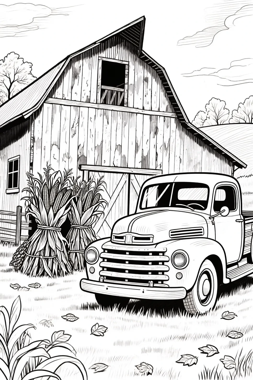 Black and white coloring page of vintage pickup truck parked in front of a weathered barn with bundles of corn and scattered leaves in a rural farm scene