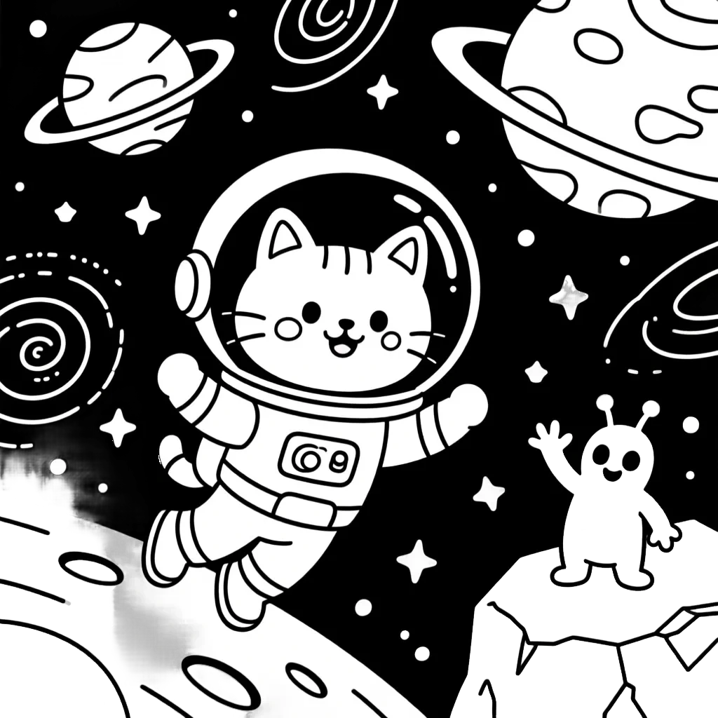 Black and white coloring page of cute cat astronaut floating in space with planets, stars, and a smiling alien