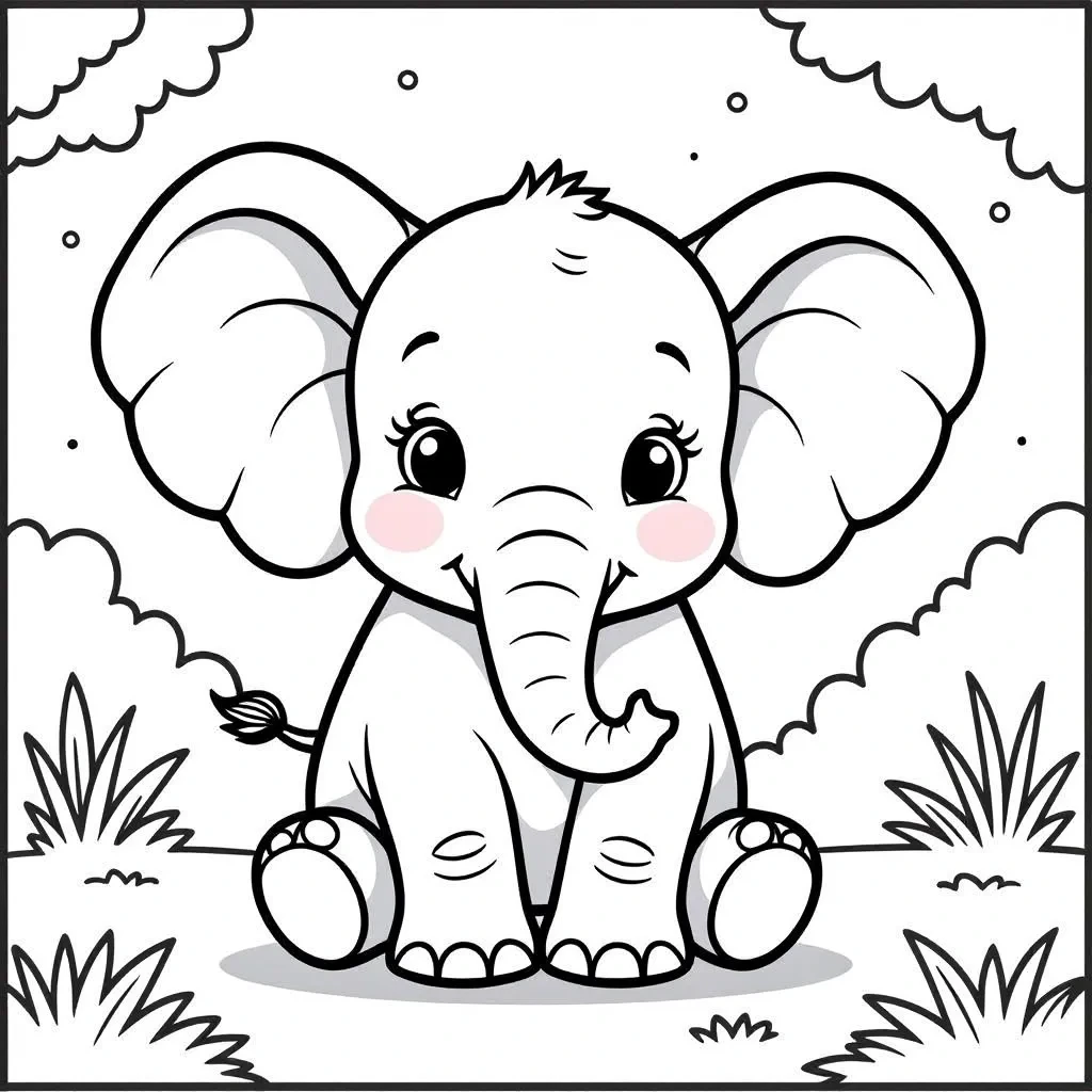 Black and white coloring page of cute baby elephant sitting in grass with big ears and a small smile, outlined for coloring