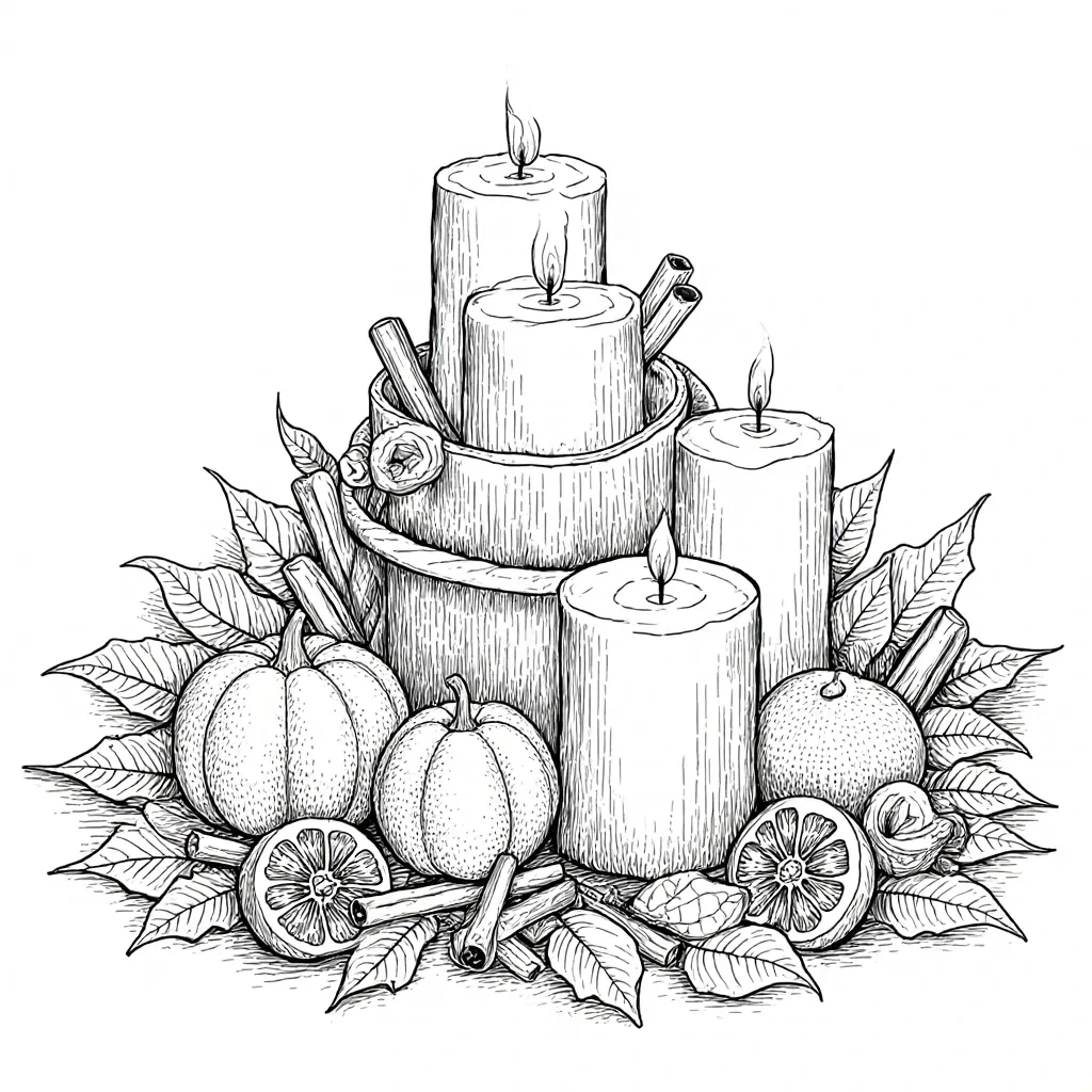 A detailed black and white coloring page of a cozy autumn centerpiece with lit candles, pumpkins, leaves, cinnamon sticks, and sliced citrus.