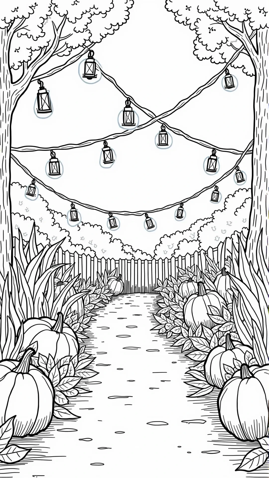 Black and white coloring page of pumpkin patch path lined with leaves and pumpkins, with hanging lanterns between tall trees