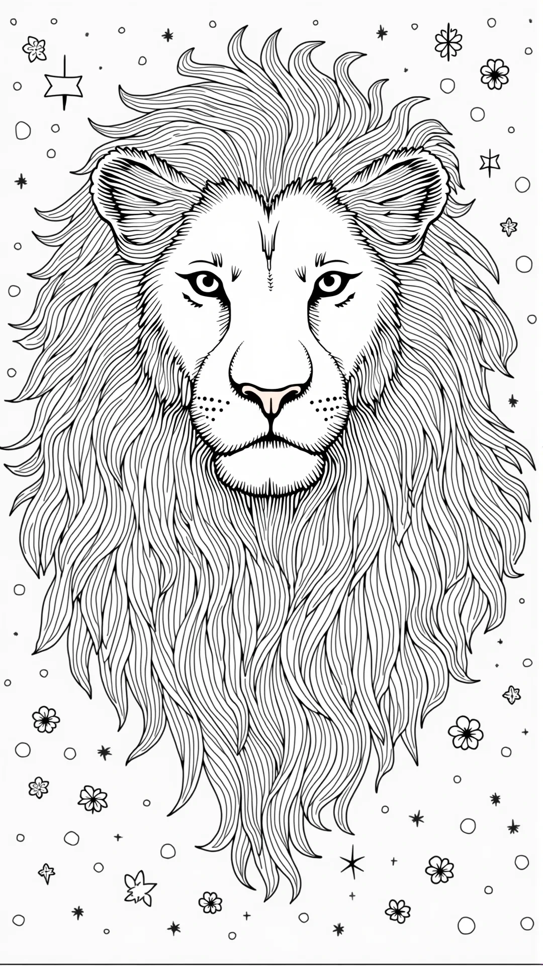 Detailed coloring page of a lion’s face with a flowing mane, surrounded by small stars, circles, and flowers.