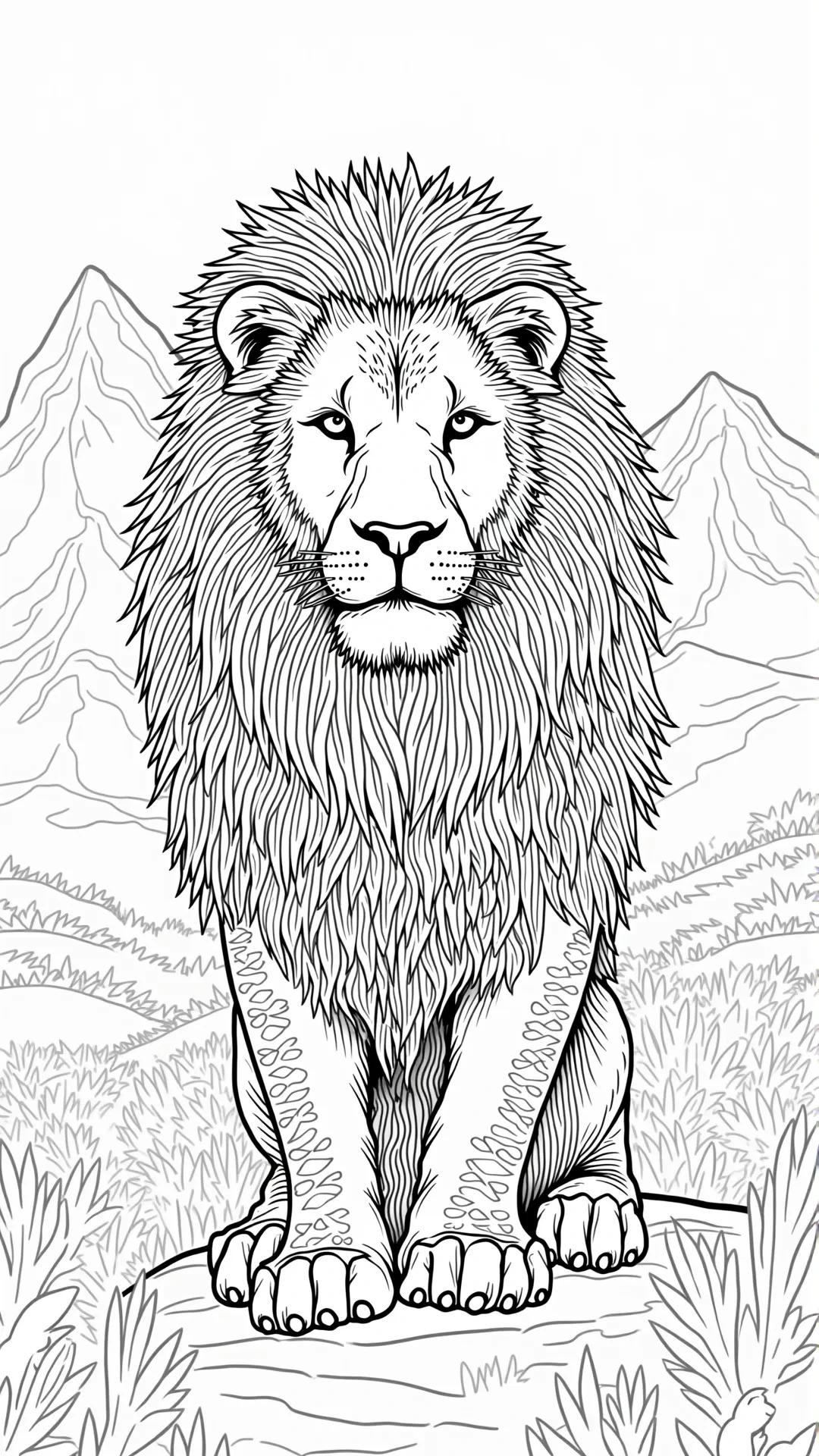 Detailed black and white coloring page of a lion standing in front of mountains and grass.