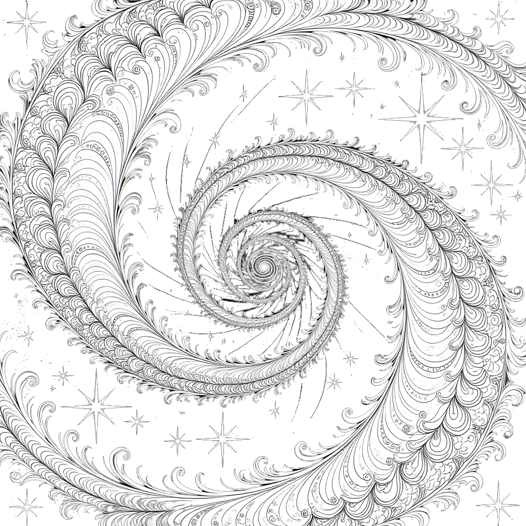 Intricate spiral feather-like swirl pattern with small stars around it, drawn as a detailed black and white coloring page.