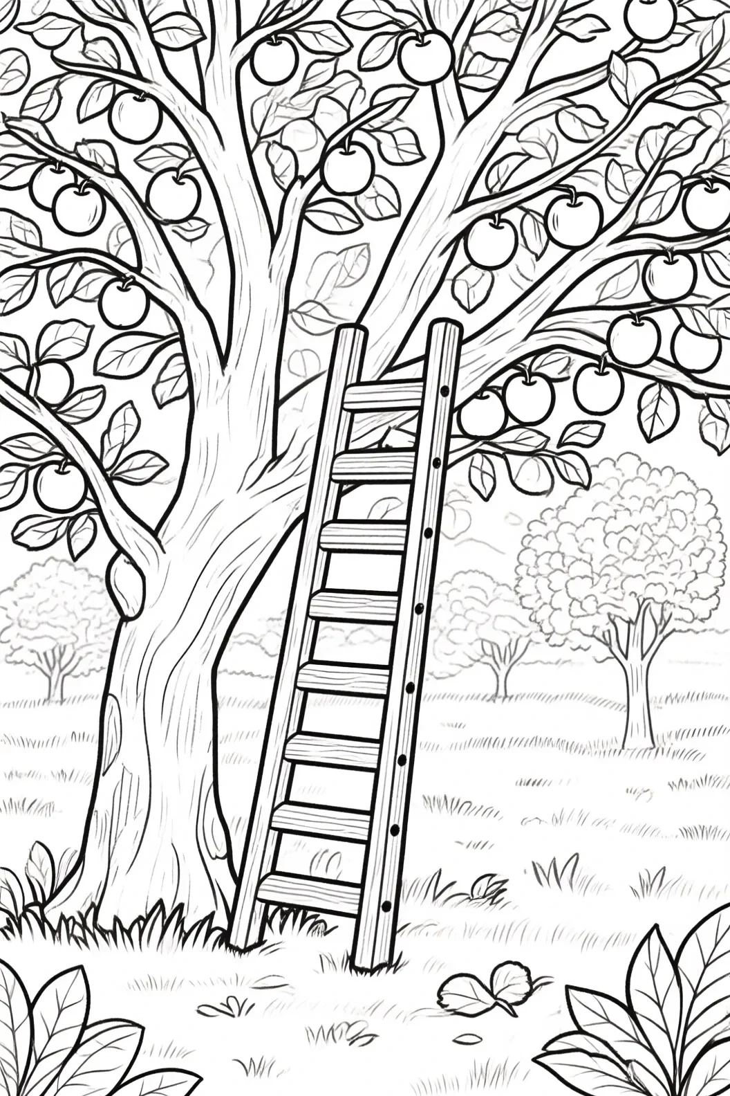 A detailed coloring page of an apple tree with a ladder leaning against the trunk in an orchard.
