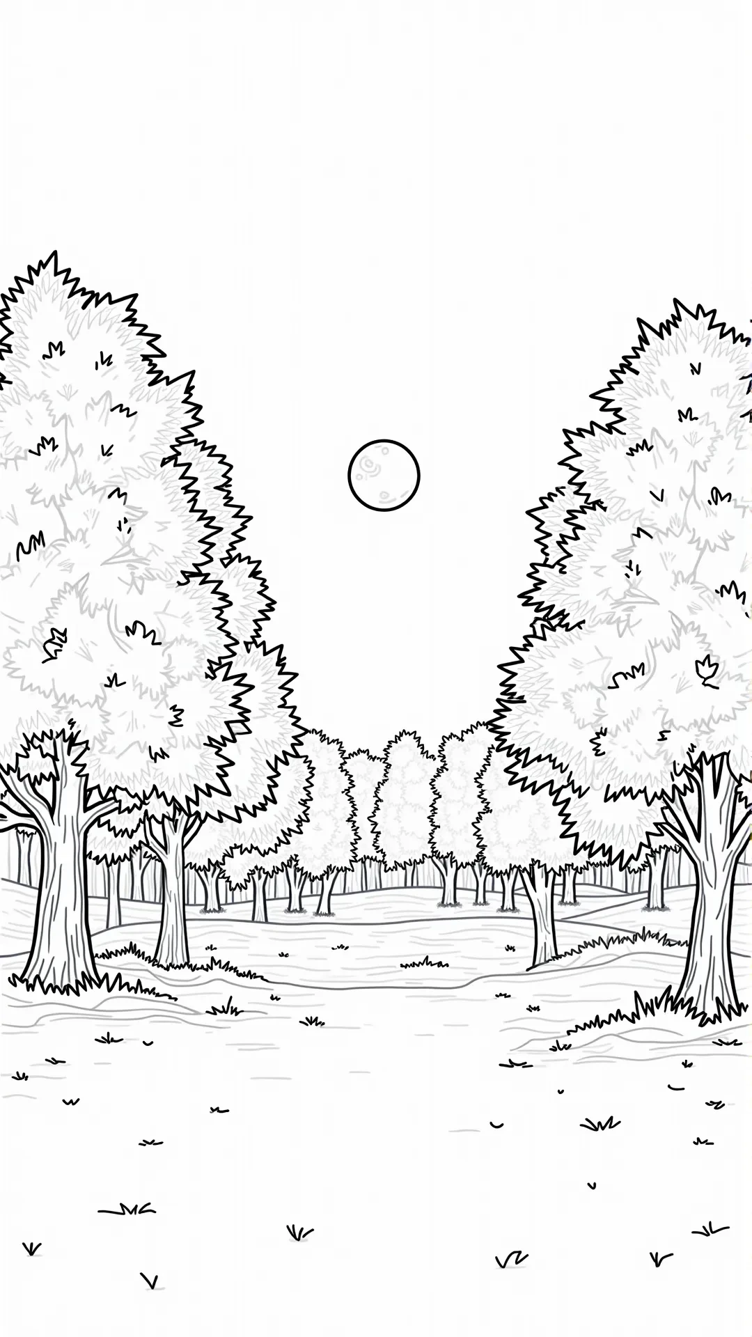 Black and white coloring page of a forest landscape with tall trees on both sides and an open clearing in the center.