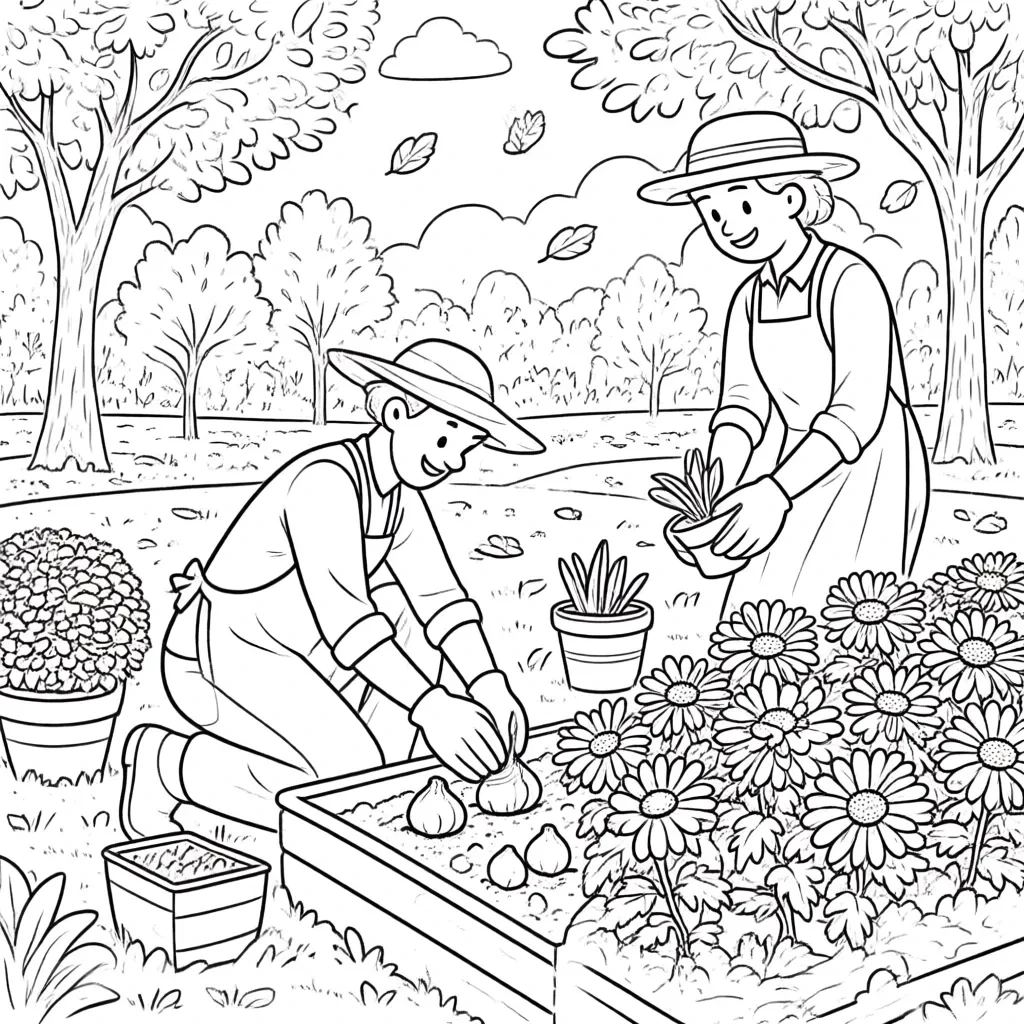Black and white coloring page of two gardeners planting flowers in a garden with flower beds, potted plants, and trees in the background