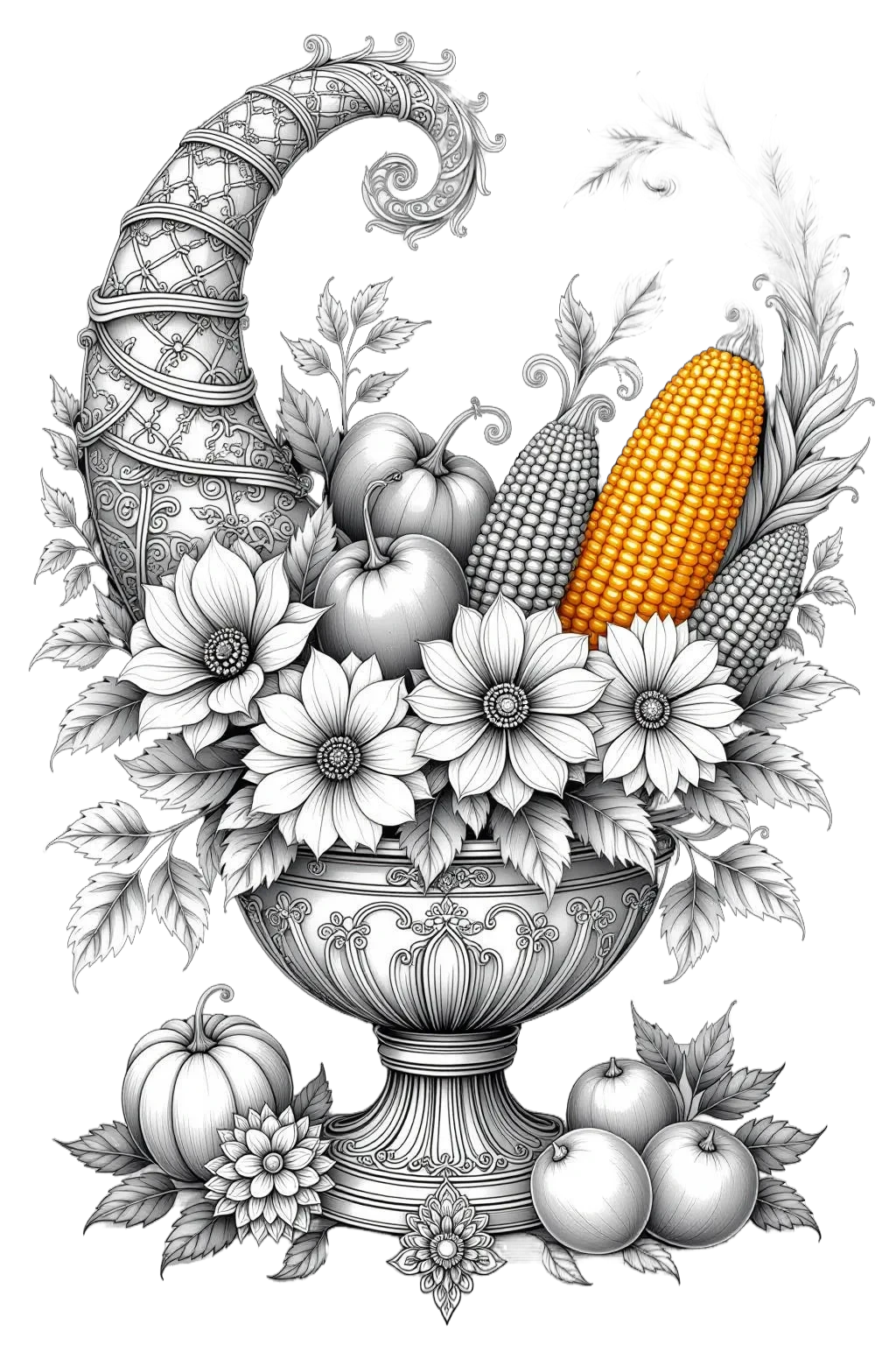 An intricate harvest still life coloring page with corn, pumpkins, flowers, leaves, and a decorative vase.