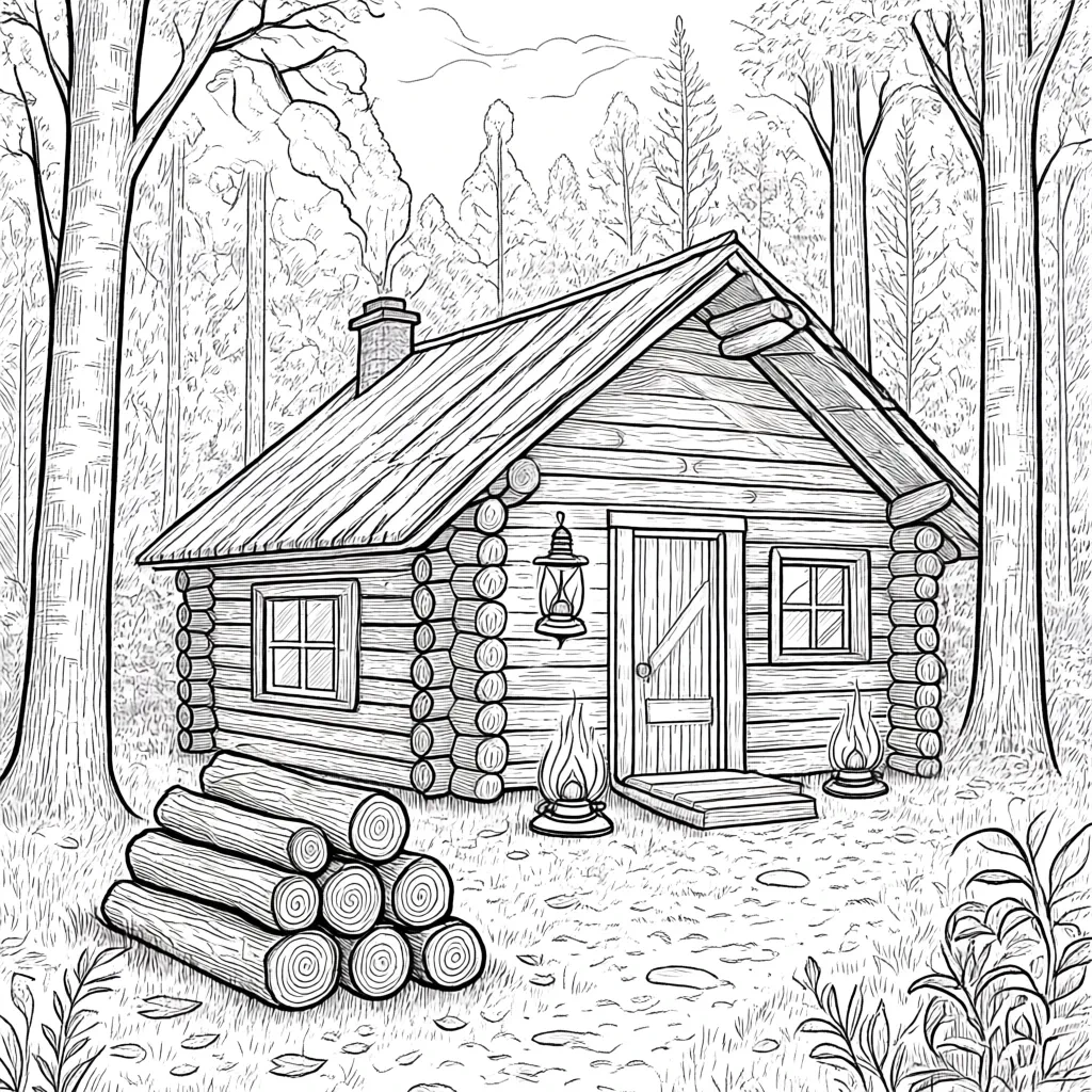 Black and white coloring page of log cabin in a forest clearing with tall trees, stacked logs, a front door, windows, and a path leading to the entrance