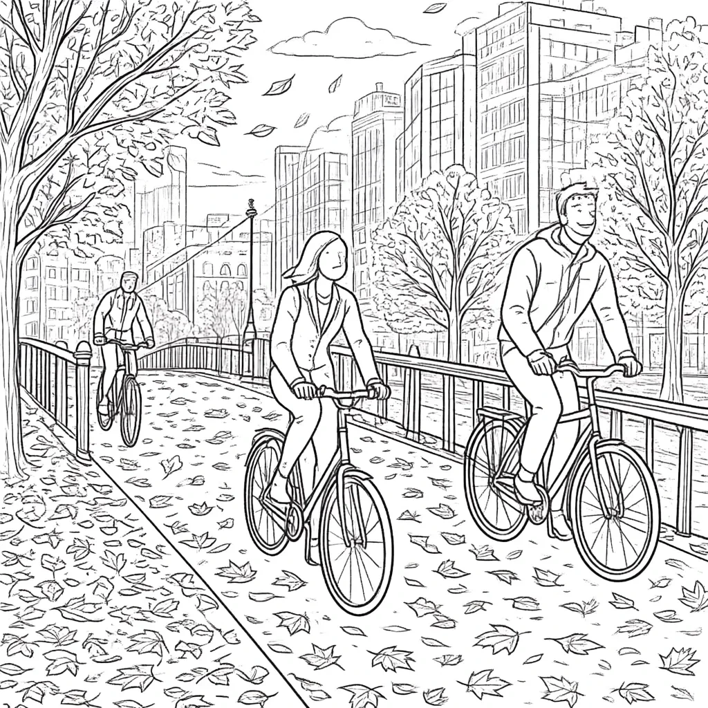 Detailed coloring page of three people riding bicycles on a tree-lined path in a city park with fallen autumn leaves and tall buildings in the background.