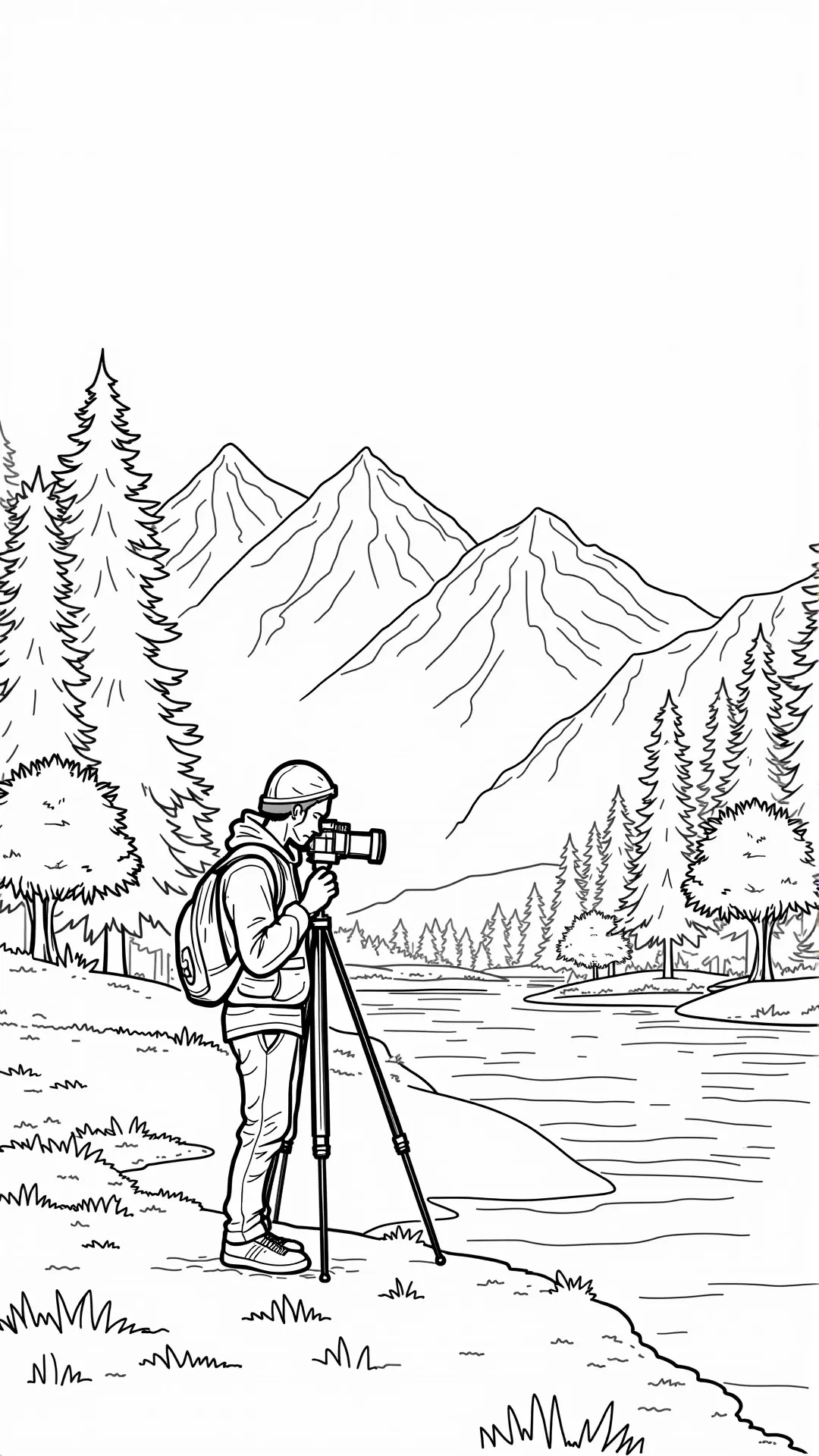 Black and white coloring page of photographer standing by a river with a camera on a tripod in a mountain forest landscape