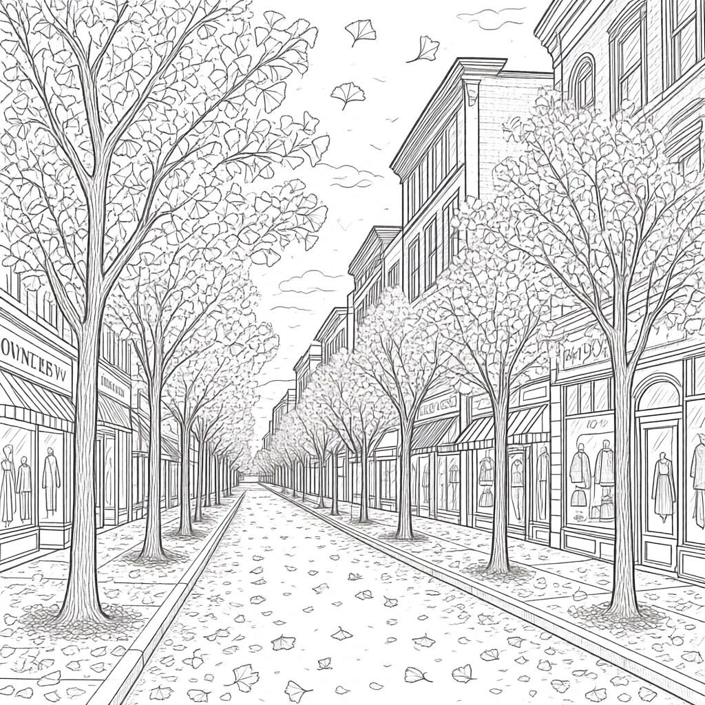 Detailed coloring page of a tree-lined city street with storefronts, tall buildings, and fallen leaves on the road.
