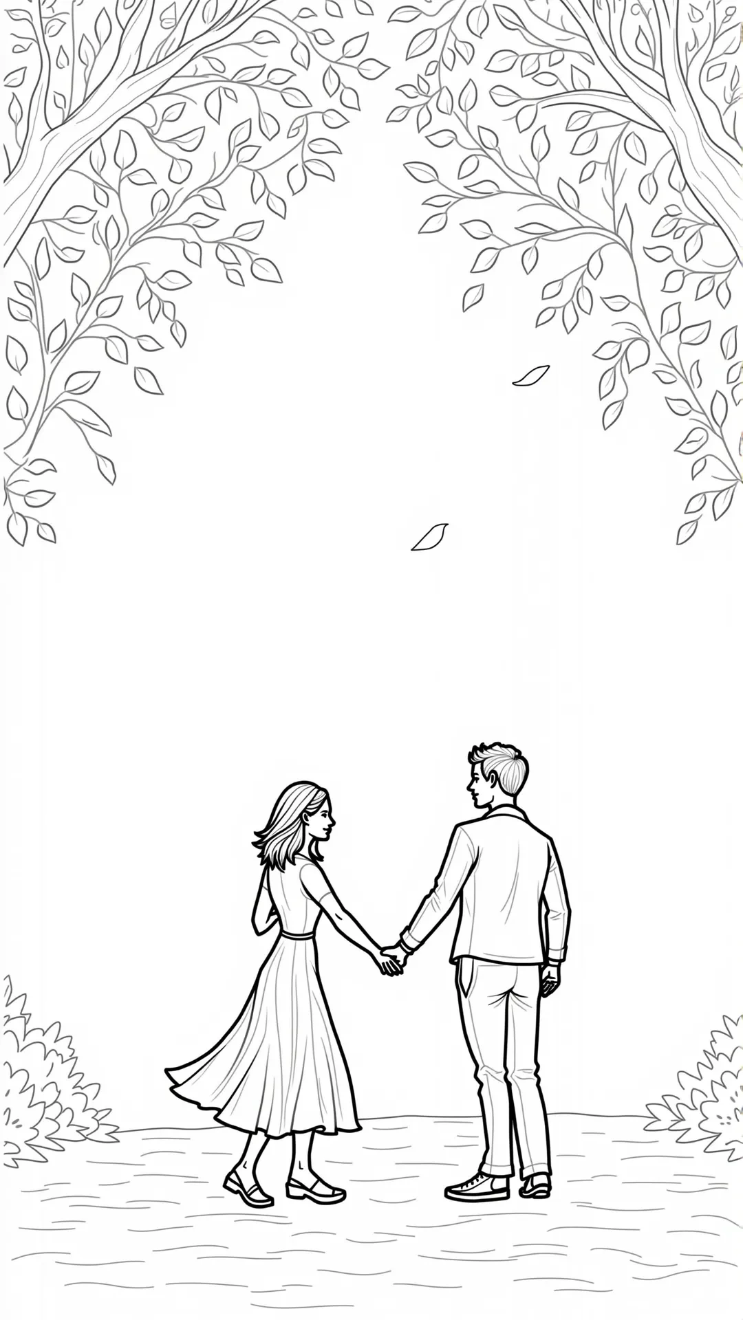 A coloring page of a couple holding hands under leafy tree branches in a simple outdoor scene.