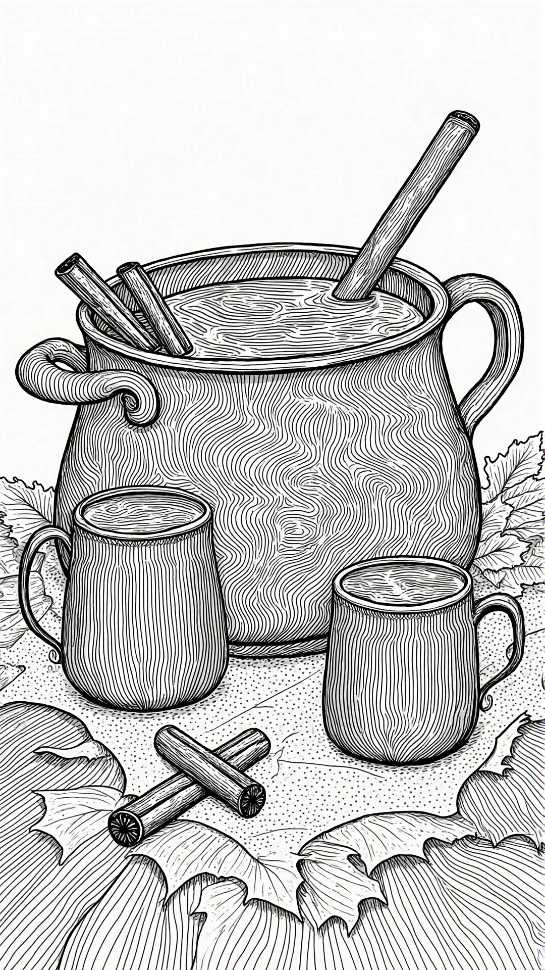Black and white coloring page of a cozy autumn hot drink setup with a large pot, two mugs, cinnamon sticks, and fall leaves.