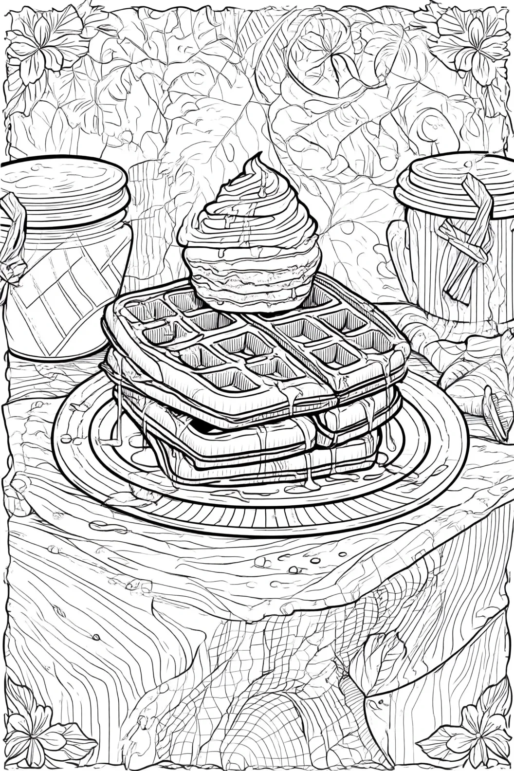 Black and white coloring page of detailed cozy breakfast still life with a waffle, jars, and flowers arranged on a table