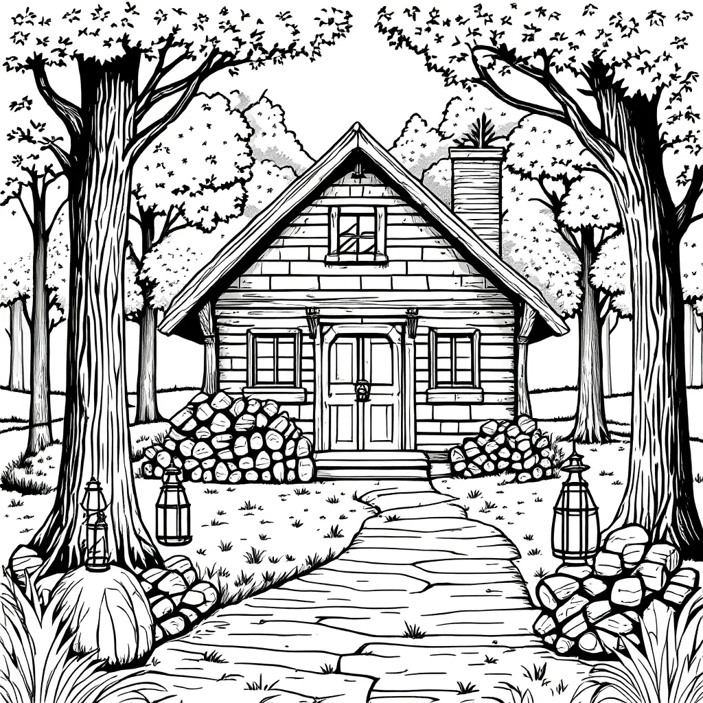 Black and white coloring page of a cozy rustic cabin in a wooded forest with tall trees, a stone path, stacked rocks, and lanterns in the yard.