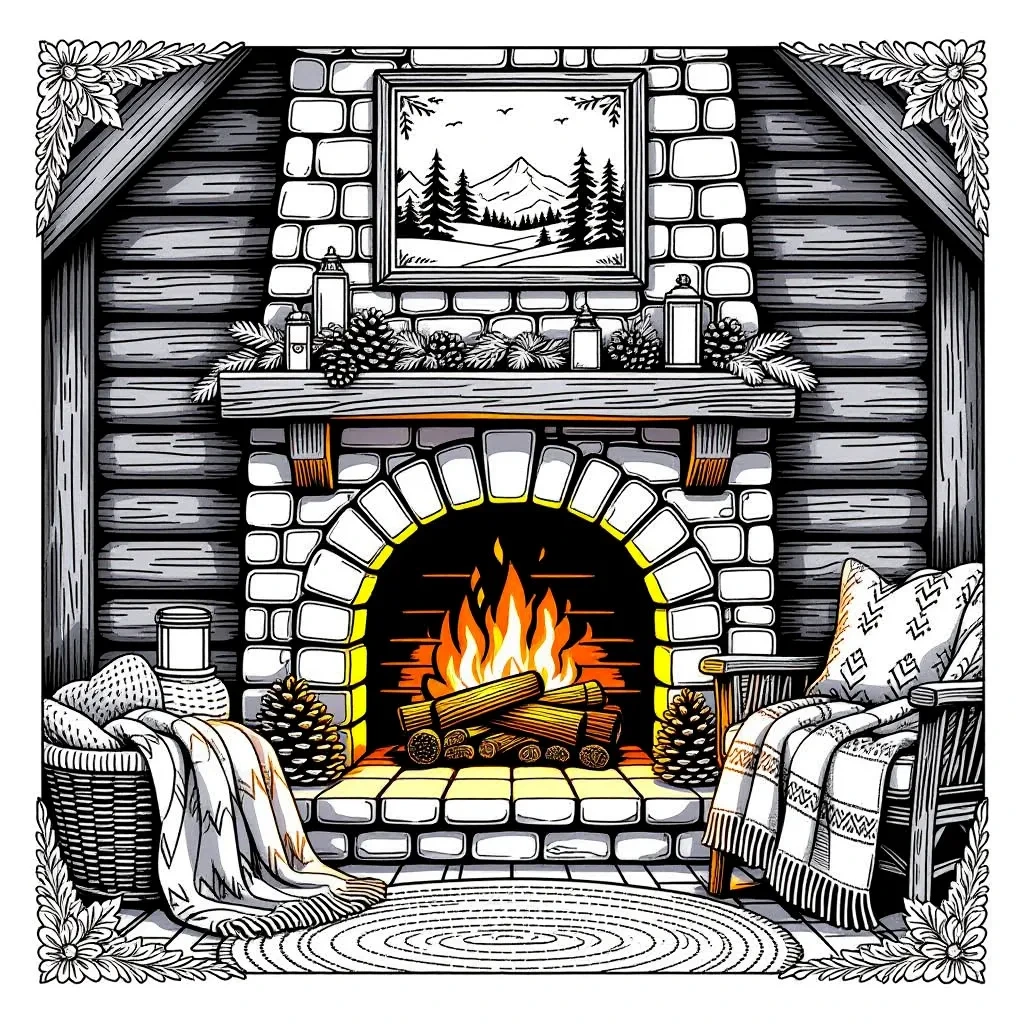 Detailed coloring page of a cozy rustic living room with a stone fireplace, chairs, blankets, and cabin decor.