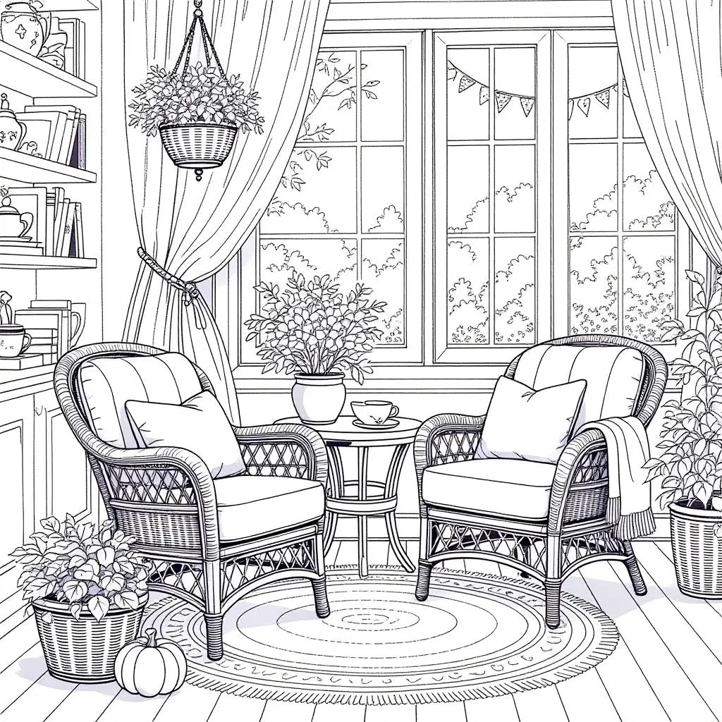 Black and white coloring page of detailed line art of a cozy sunroom with two wicker armchairs, a small table, hanging and potted plants, curtains, a rug, and large windows