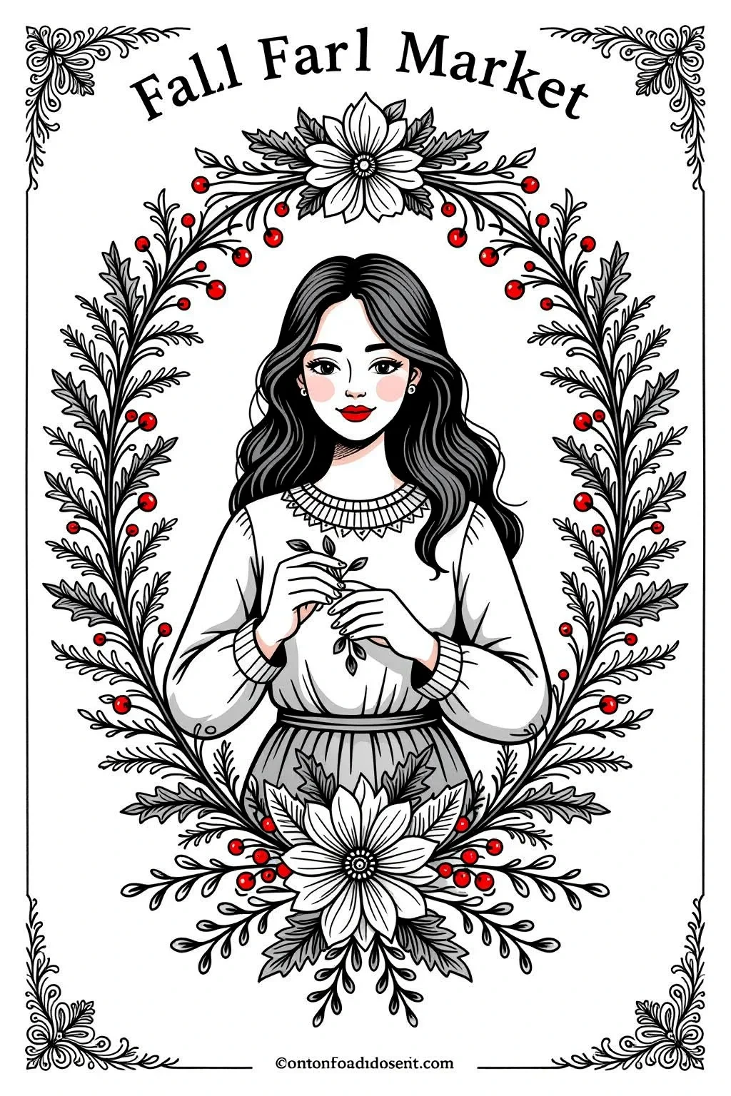 Detailed coloring page of a woman standing inside an ornate floral wreath with berries and the words Fall Farl Market above her.