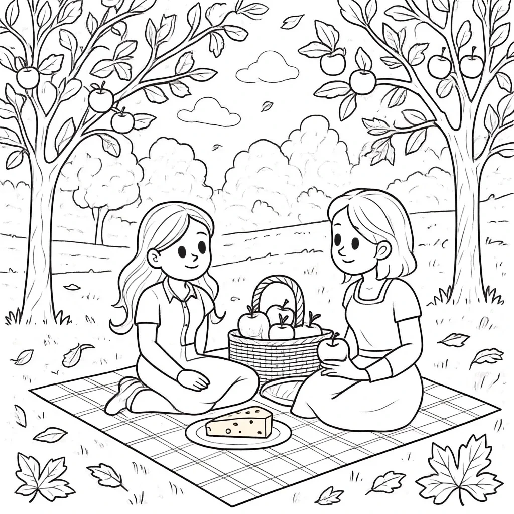 Black and white coloring page of two girls sitting on a picnic blanket in an orchard with a basket of apples and a slice of cheese, surrounded by trees and falling leaves
