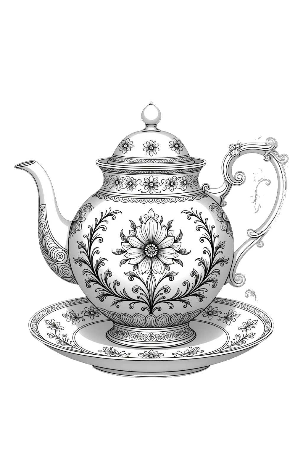 Black and white coloring page of ornate floral teapot sitting on a matching saucer, drawn in detailed black and white line art for coloring