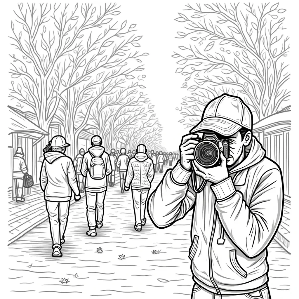 A detailed black-and-white coloring page showing a photographer in the foreground taking a picture with a camera while people walk along a tree-lined path in the background.
