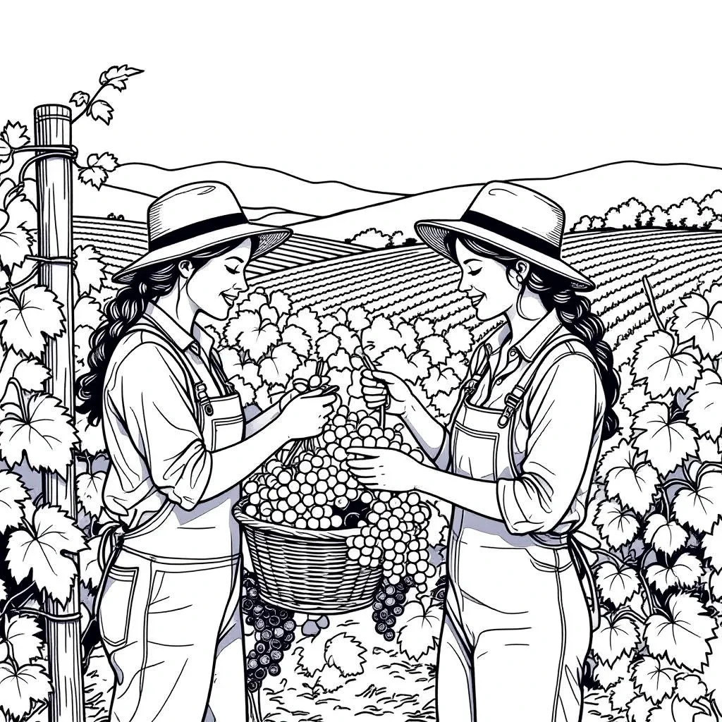 Black and white coloring page of two women in sun hats and overalls harvesting grapes in a vineyard with a basket full of grapes