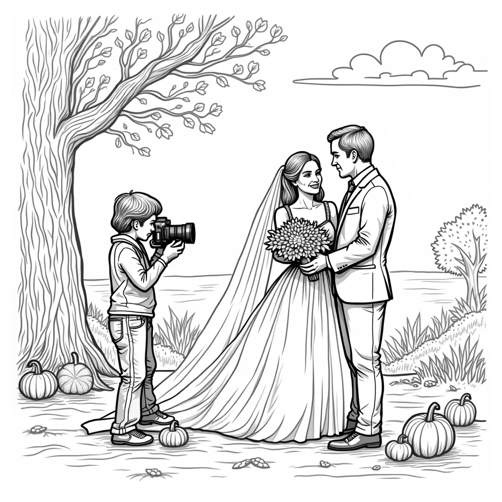 Black and white coloring page of bride and groom stand together outdoors while a child photographs them, with trees, clouds, and pumpkins in the scene