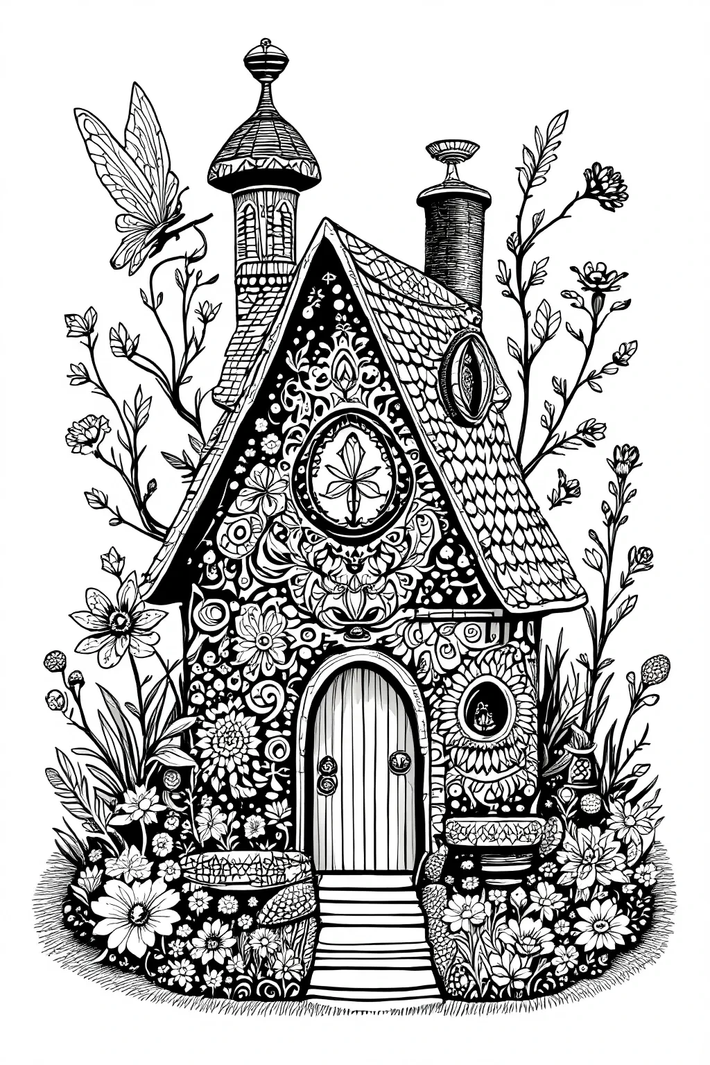 An ornate whimsical fairy tale house surrounded by flowers and a butterfly in a detailed black-and-white coloring page.