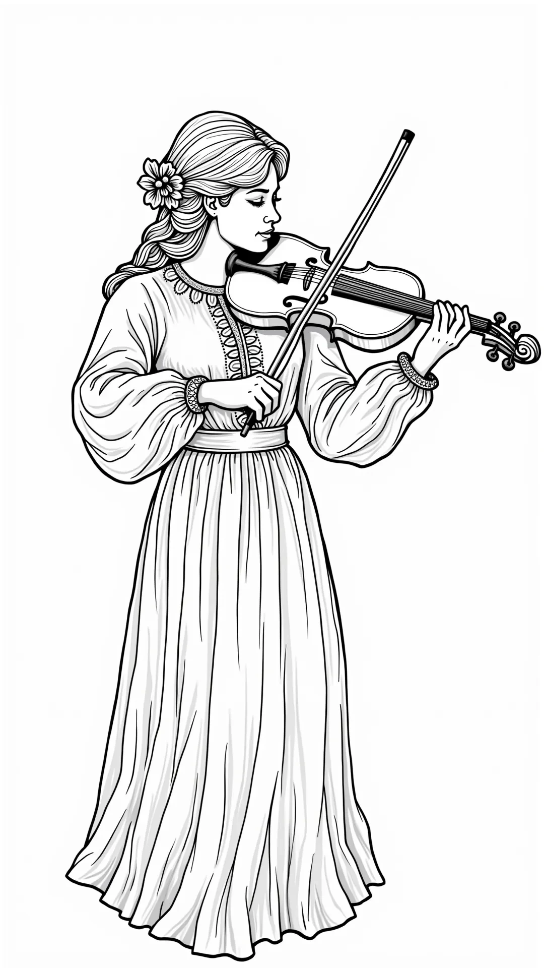 Black and white coloring page of woman in a long dress playing the violin while standing in profile