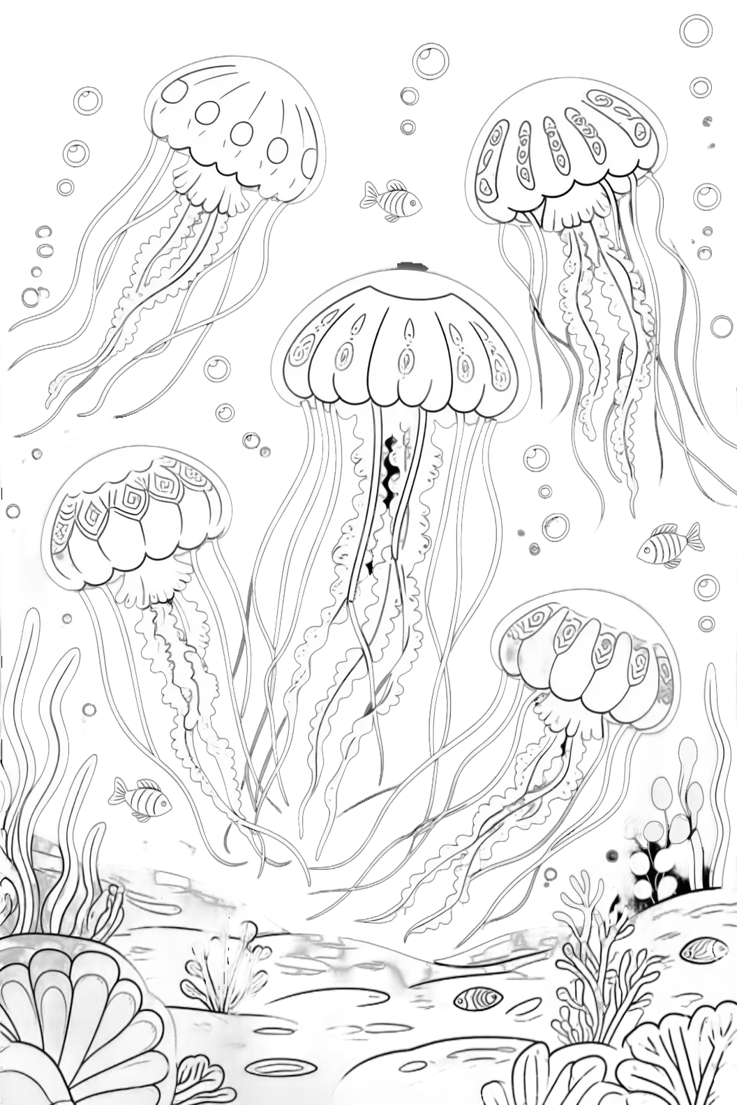 Several jellyfish floating underwater with small fish, bubbles, and coral in a simple ocean scene coloring page.